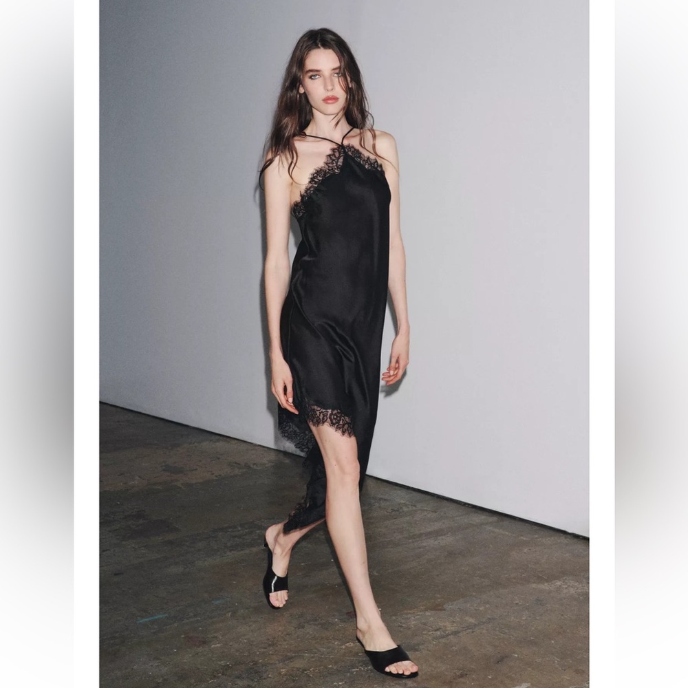 Zara Black Halter Slip Midi Dress with Lace Trim